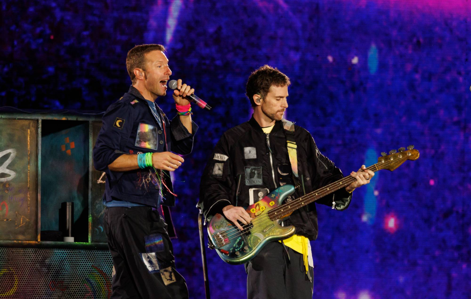 Chris Martin and Guy Berryman of Coldplay perform at Eden Park on November 13, 2024 in Auckland, New Zealand. (Photo by Dave Simpson/WireImage)