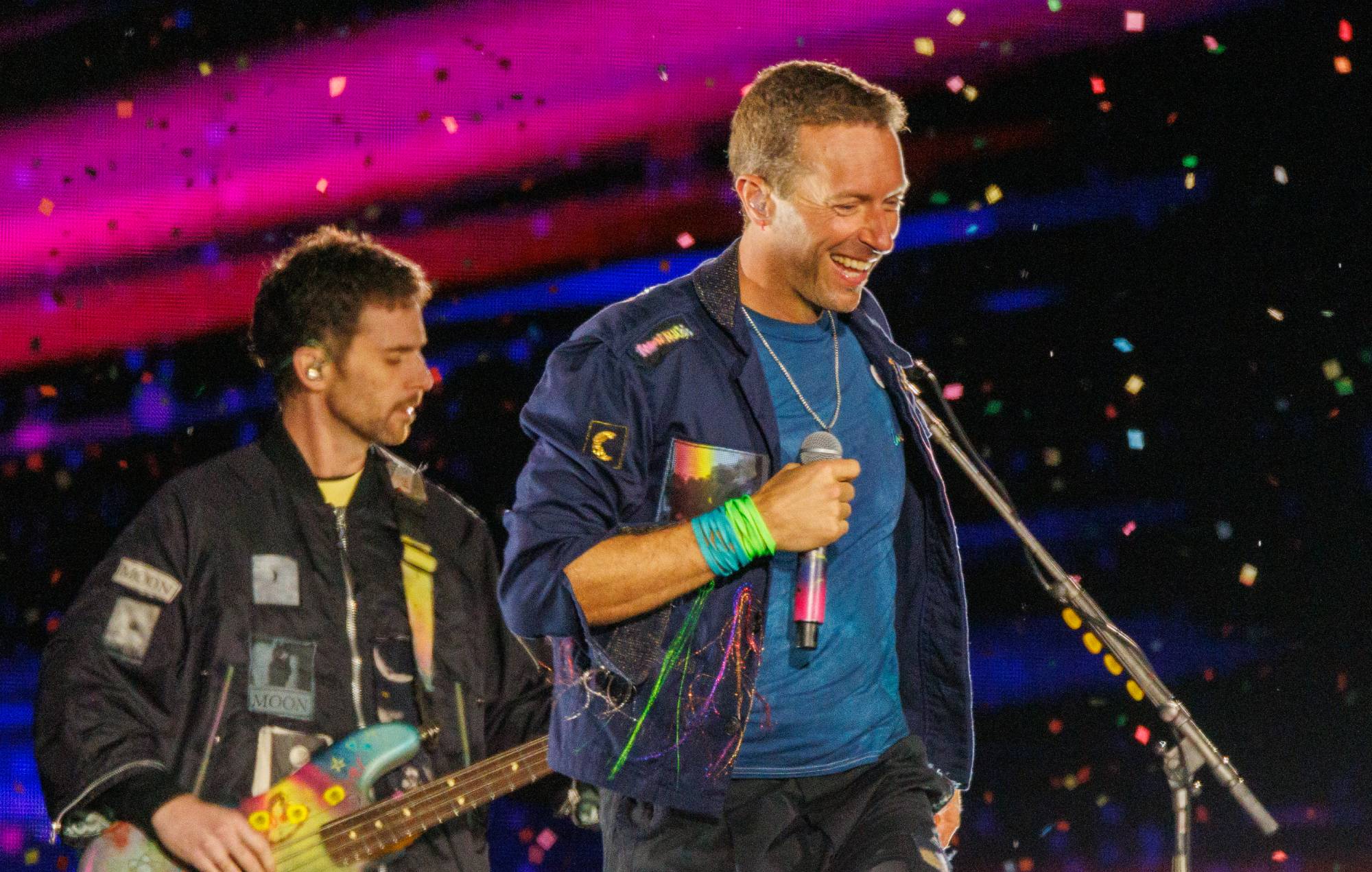 Guy Berryman and Chris Martin of Coldplay perform at Eden Park on November 13, 2024 in Auckland, New Zealand. (Photo by Dave Simpson/WireImage)