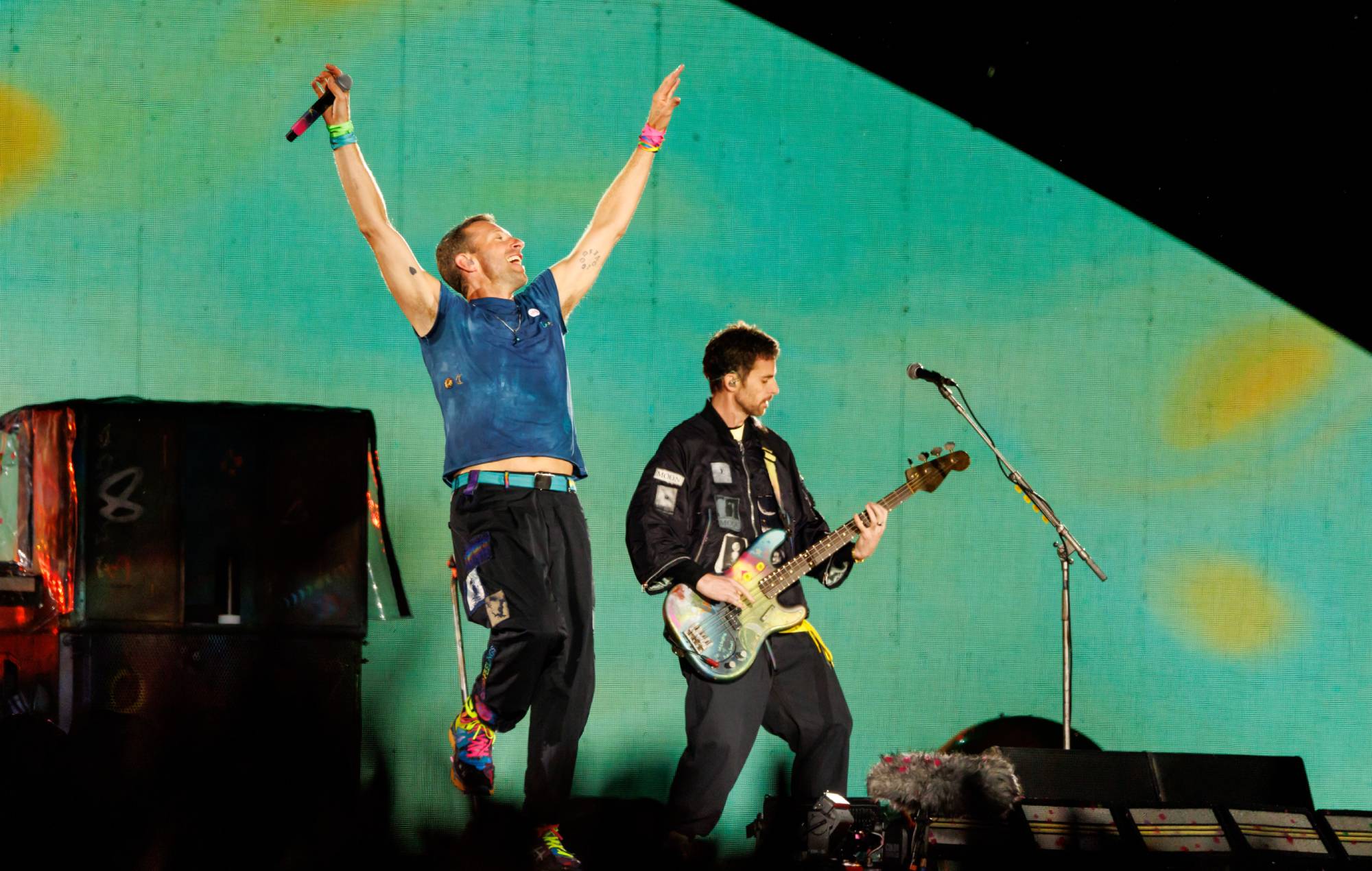 Chris Martin and Guy Berryman of Coldplay perform at Eden Park on November 13, 2024 in Auckland, New Zealand. (Photo by Dave Simpson/WireImage)