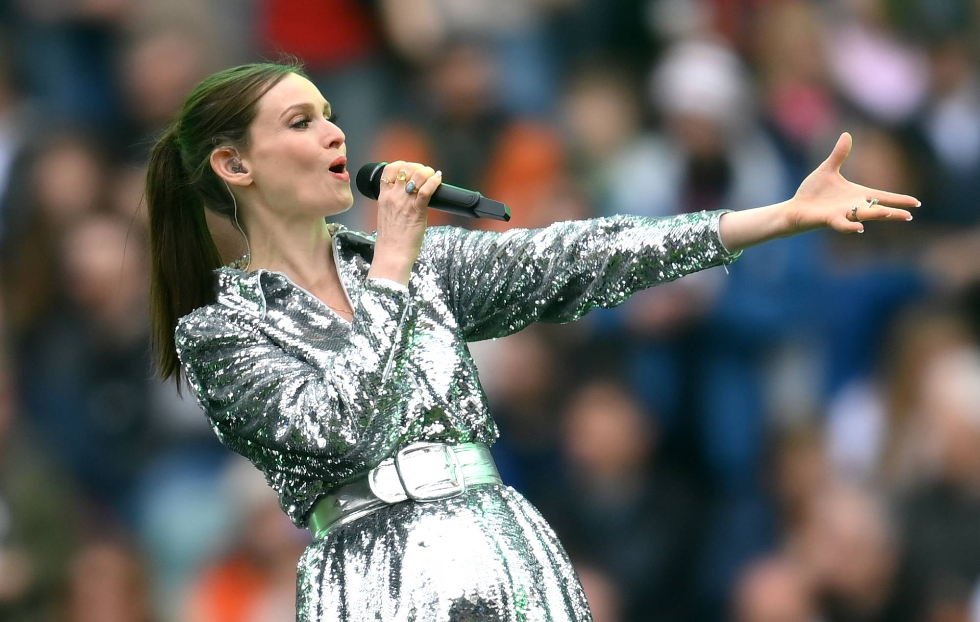 Sophie Ellis-Bextor speaks at half-time during the 2024 Guinness Women's Six Nations match. (Photo by Alex Broadway/Getty Images)