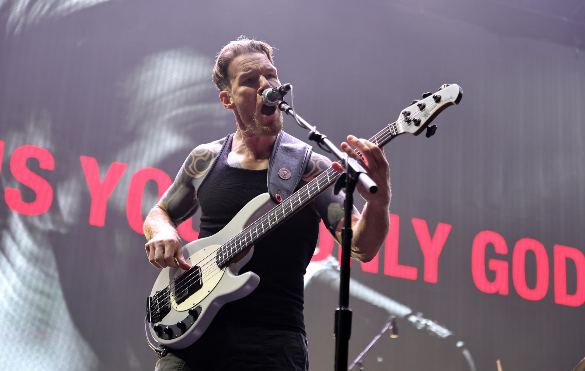 Tim Commerford from Rage Against The Machine performing live on stage