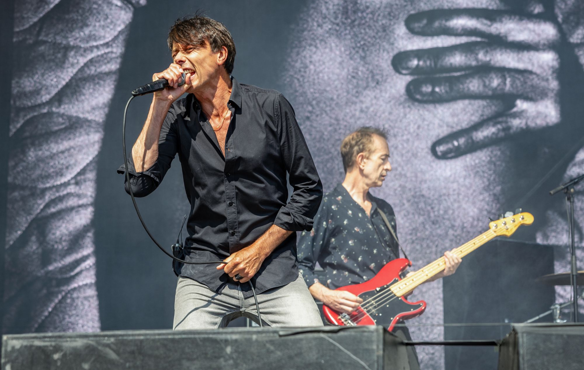 Brett Anderson (L) and Matt Osman from Suede perform on stage for the 4th day of Bergenfest 2023 June 17, 2023.