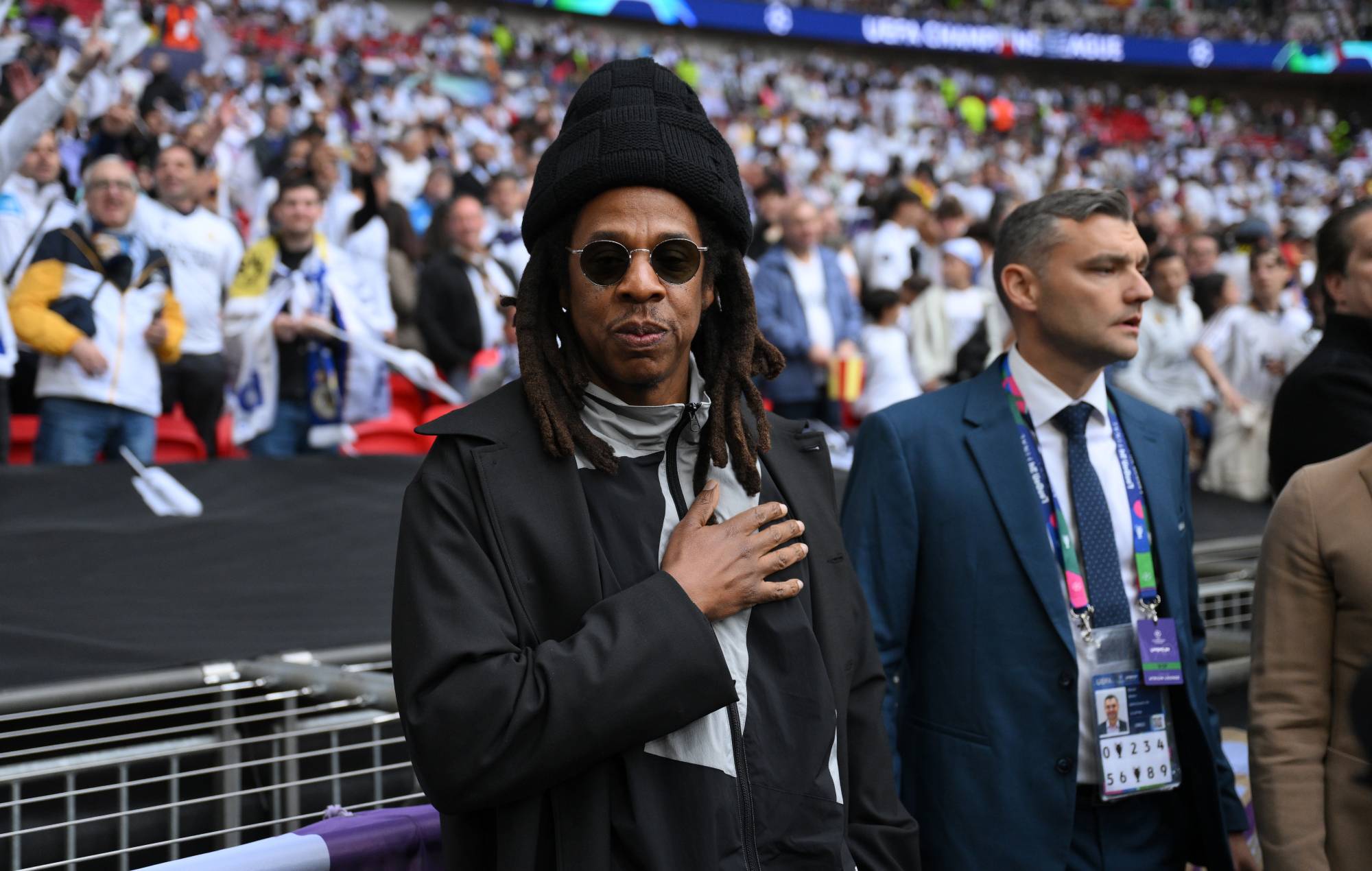 Jay-Z interacts with partners to the UEFA Champions League 2023/24. (Photo by David Ramos/Getty Images)