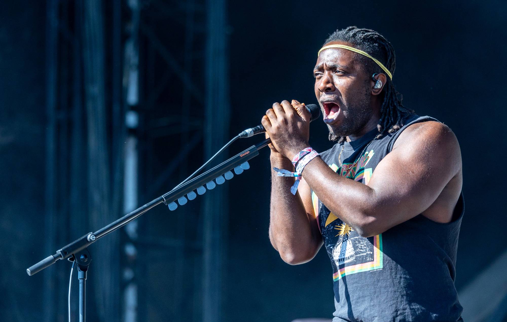 Kele Orek from Bloc Party performs on another stage during the fourth day of the Glastonbury festival 2024.