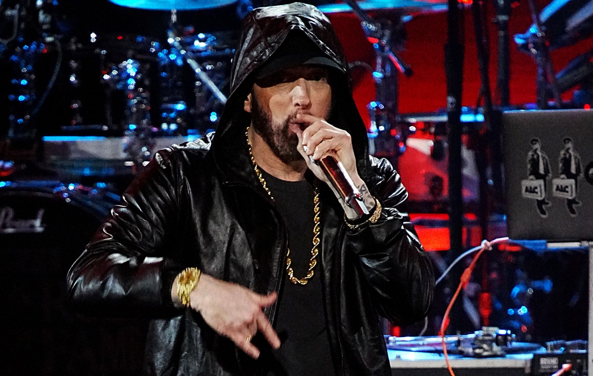 Eminem performs on stage during the 37th annual Rock and Roll Hall of Fame induction ceremony.