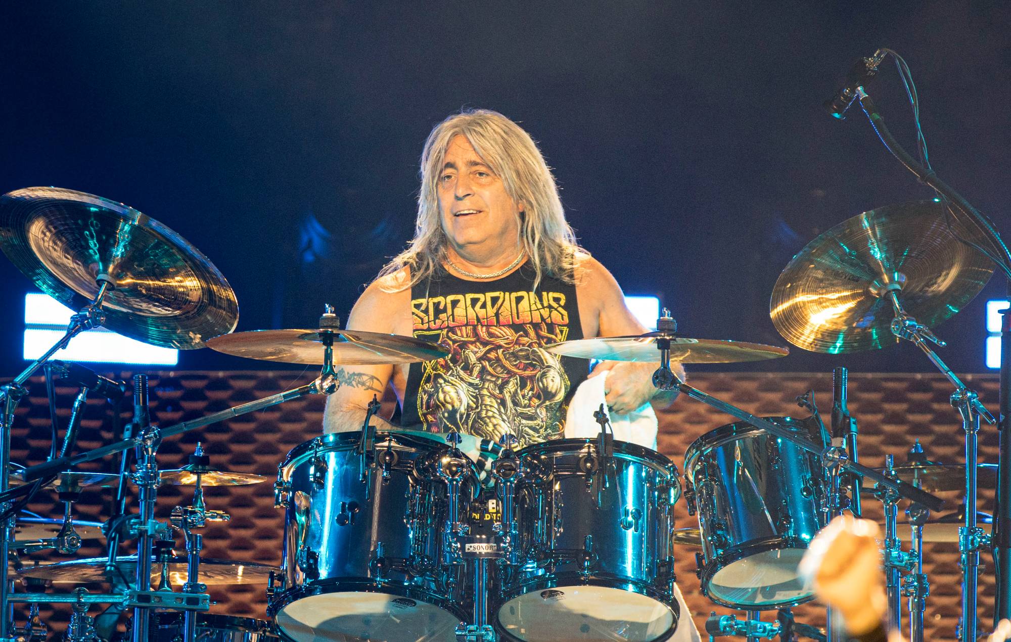 Mickey D performs on stage during a performance by the band Scorpion "Rock Believer" tour. (Photo by Daniel Knighton/Getty Images)