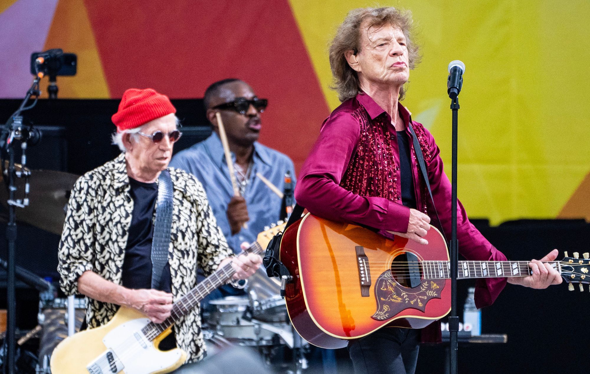 Keith Richards, Steve Jordan and Mick Jagger from Rolling Stones perform on the 5th day of 2024 Jazz festival and heritage in New Orleans on Fair Grounds on May 2, 2024 in New Orleans, Louisiana.