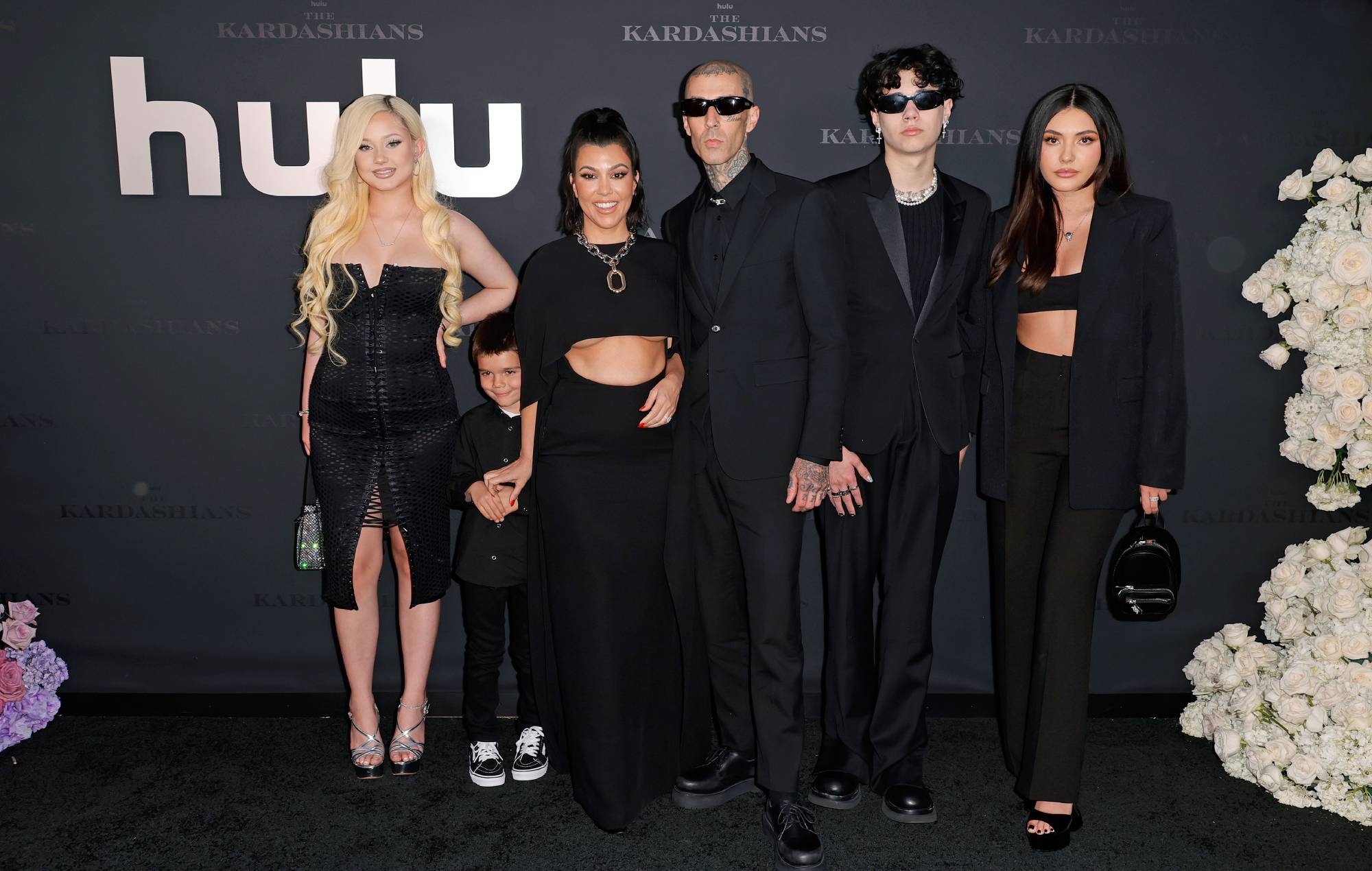 Alabama Barker, Rain Disick, Kourtney Kardashian, Travis Barker, Landon Barker and Atiana De La Hoya attend the premiere of the new Hulu show in Los Angeles "Kardashian". Photo: Fraser Harrison/Getty Images for ABA