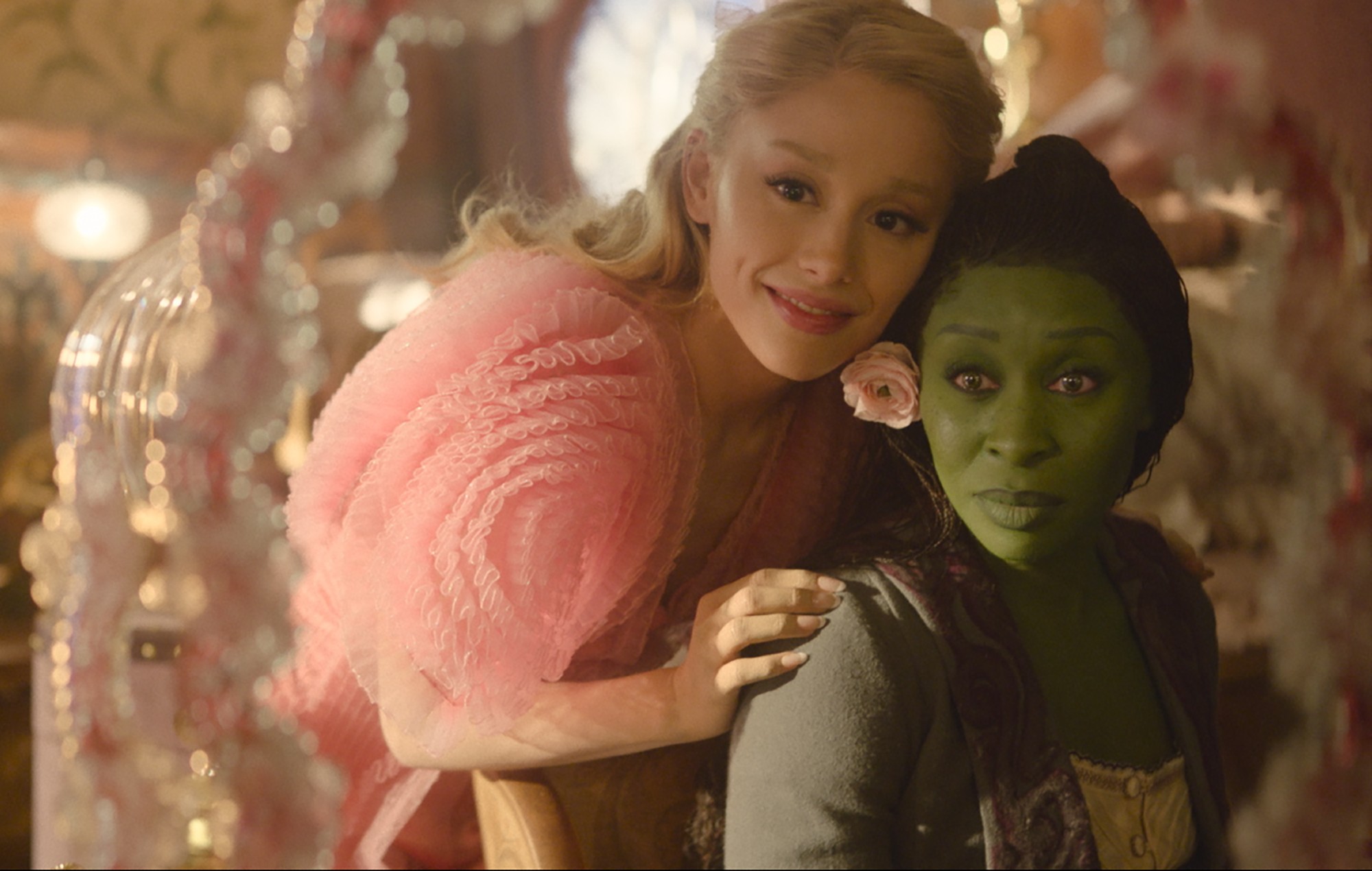 Ariana Grande as Glinda, alongside Cynthia Erivo as Elphaba in Wicked