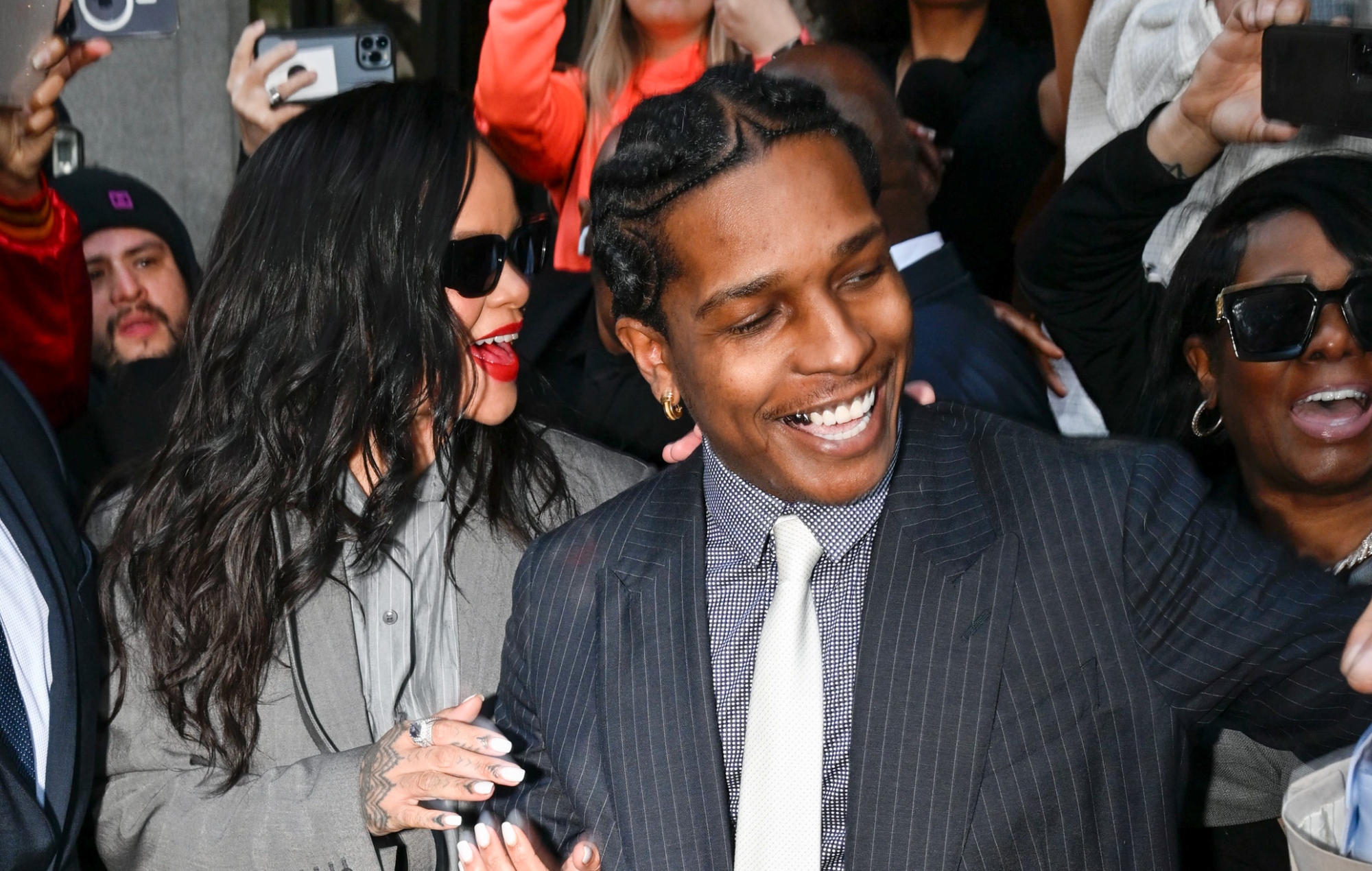 Rihanna and A$AP Rocky are visible outside the Center for Criminal Justice of Clara Shororid, on February 18, 2025 in Los-Angeles, California.