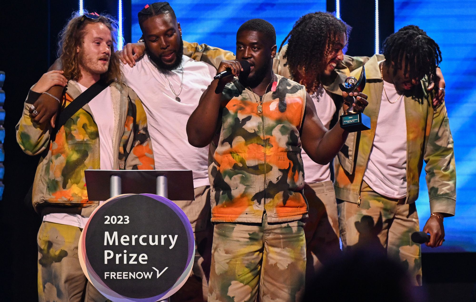 Members of the Ezra team on stage after receiving the Mercury Award during the Mercury Prize 2023 award